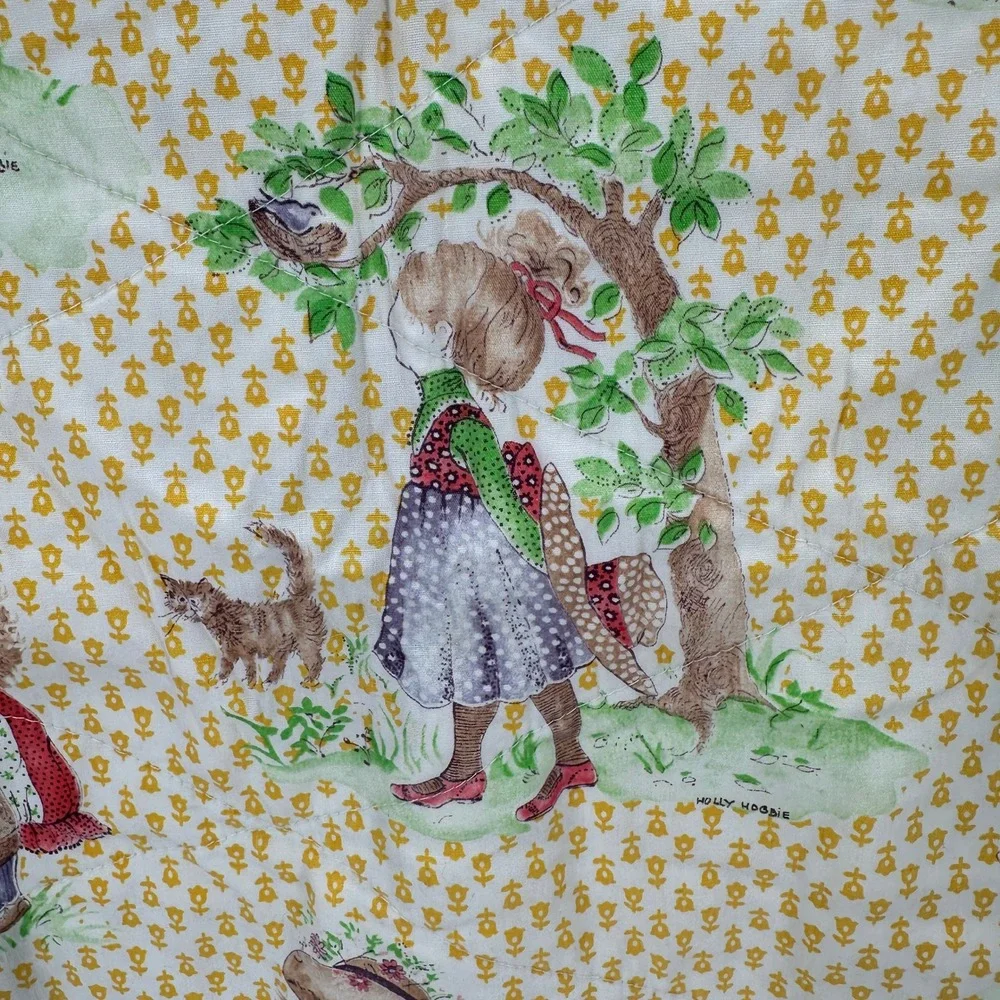 Vintage Holly Hobbie Fabric Quilt Twin‎ Children Playing Yellow Floral Pattern